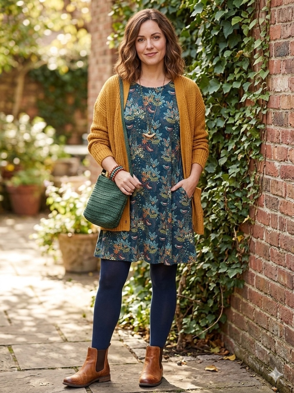 Agnes & Dora Boho Botanical Bird Print Knit Swing Dress with Pockets
